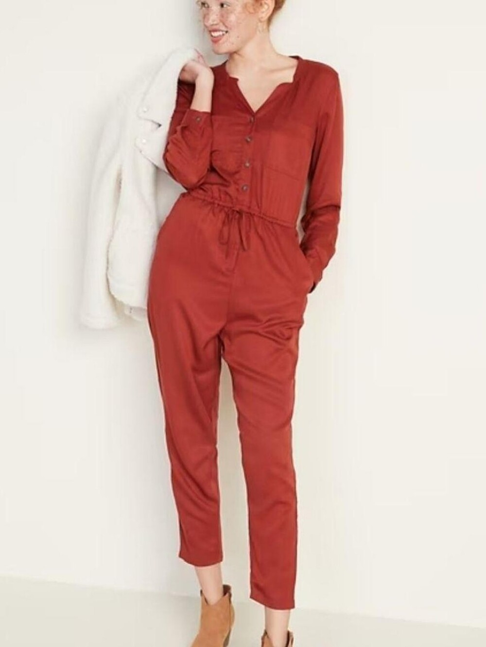 Women's Old Navy M Tall Rust Oxblood Long Sleeve Jumpsuit Boilersuit